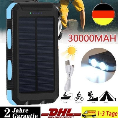 30000mAh Solar Power Bank Tragbar Externer Batterie Ladegerät für Handy mit LED