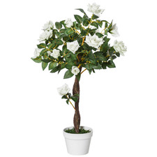 Artificial Camellia Tree 90cm White & Green PE Leaves Cement Soil Pot 21 Flowers