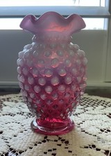 VINTAGE FENTON 3.75” Tall CRANBERRY OPALESCENT HOBNAIL RUFFLE VASE ART GLASS