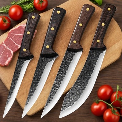 4 Stück Küchen Fleischermesser Schlachtmesser Edelstahl-Hackmesser mit Holzgriff