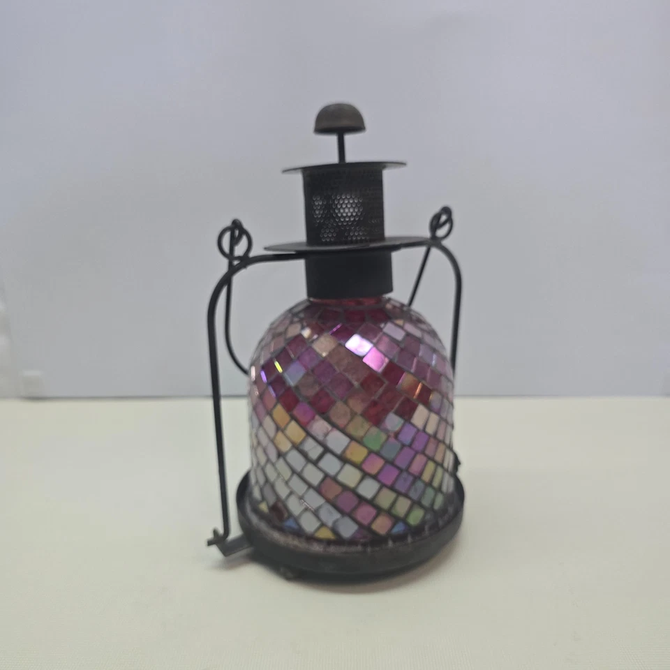 Lanterna de vela de vidro mosaico azulejo iridescente decoração de pátio boho estrutura de metal 11" - Imagem 3 de 4