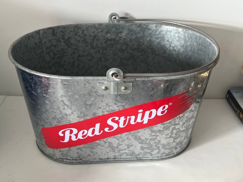collectible Red Stripe beer metal tin bucket w/ handle man cave barware bar