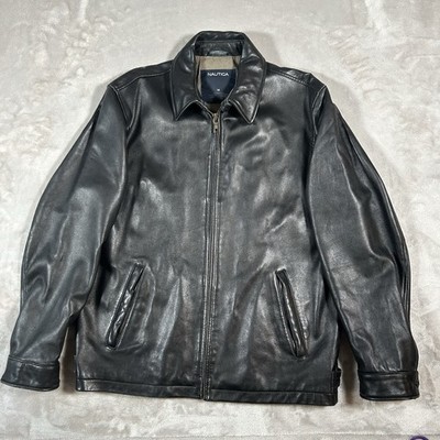 Nautica Leather Jacket Mens M Black Full Zip Minimalist Soft Leather Outerwear