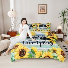 Boys Girls Camper Comforter Set Full Size,Rustic Sunflower Camping Black Sket...