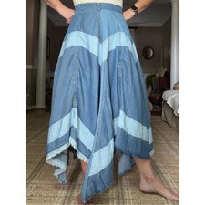 Vintage Titanium Country Patchwork Denim Maxi Skirt Raw Waterfall Hem 38 Small