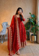 Orange Fendy Silk Embroidered Ready Made Anarkali Salwar Kameez Party Wear S