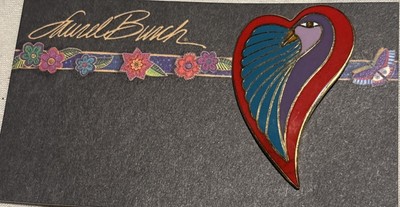 Laurel Burch Turtle Dove Heart BROOCH Pin Vintage Cloisonne Signed Bird 1  1/2 ''