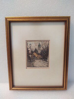 VTG Luigi Kasimir Original Color Etching Print ''Kirche in Ober -St. Veit'' Signed