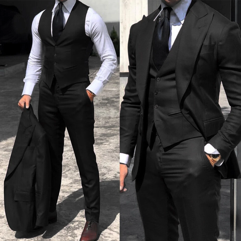 Trajes de novio de boda para hombres Blazer ajustado calce comercial solapa de pico ancho 3 piezas chaqueta Foto 4 de 4