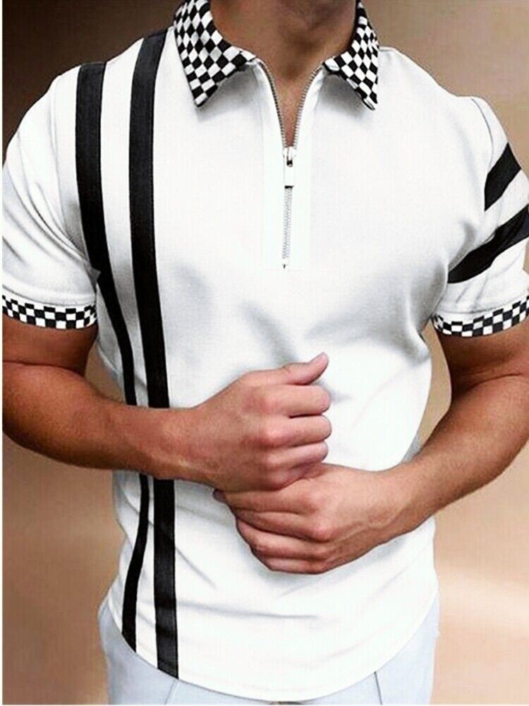 Polo Shirt Men Zipper Collar Striped White Black Contrast Checkered Golf T-Shirt-image