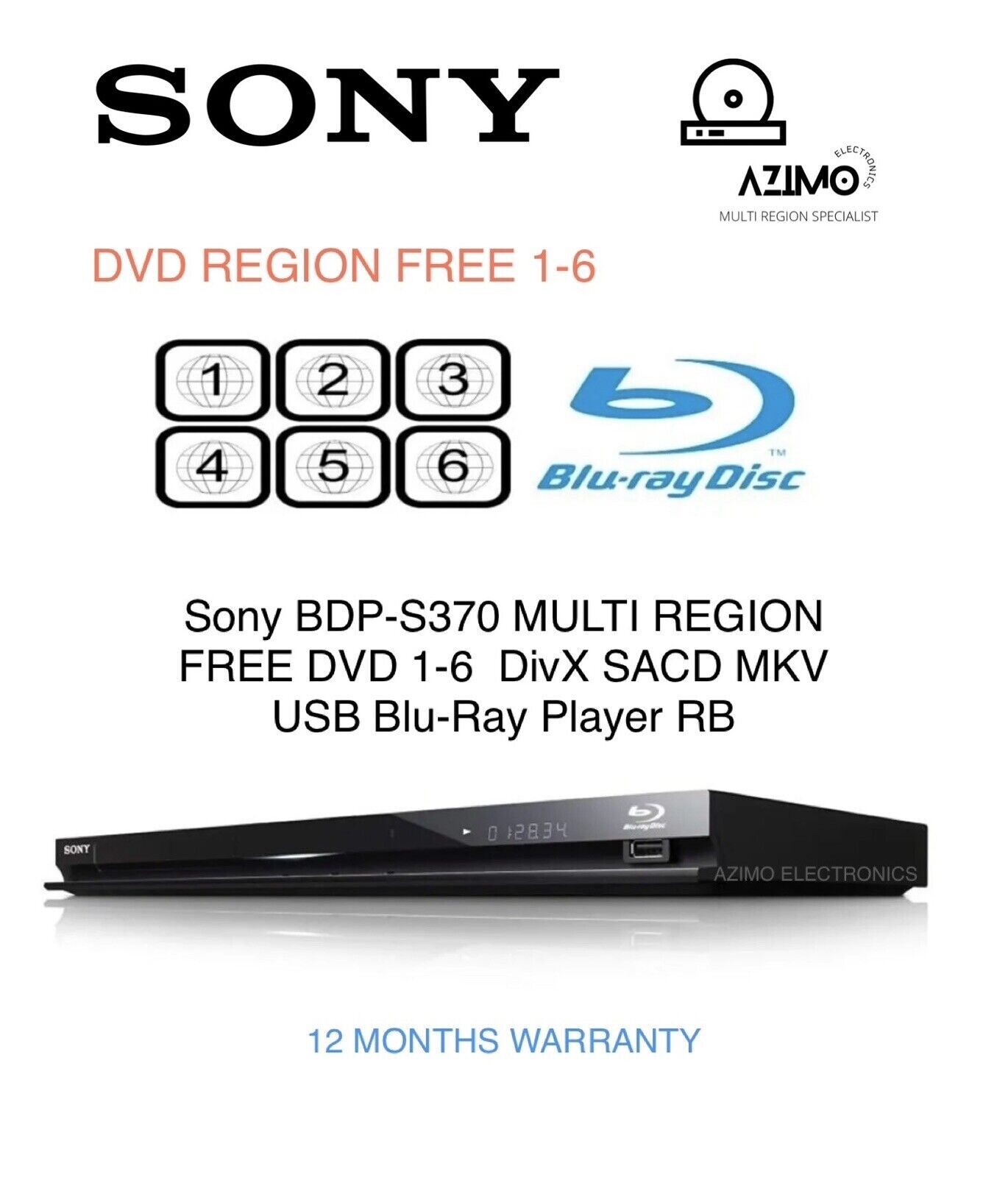 Sony BDPS370 BluRay Multi Region DVD CD Player App Smart WiFi