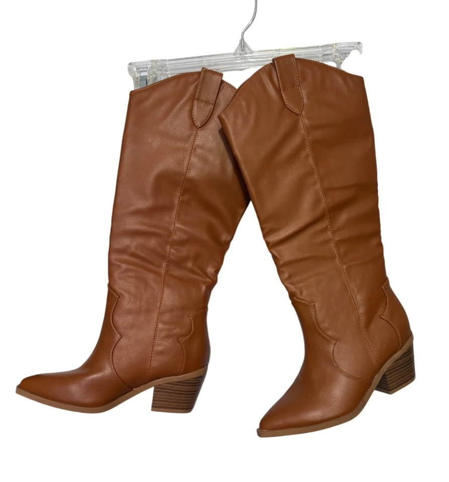 Botas de vaquero de bambú para mujer de 6,5 hasta la rodilla con tacón grueso en marrón coñac nuevas Foto 2 de 4