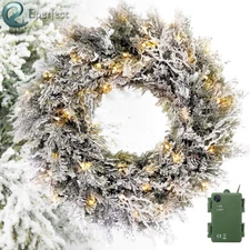 24in Pre-Lit Snow Flocked Christmas Wreath Garlands Artificial for Home Decor