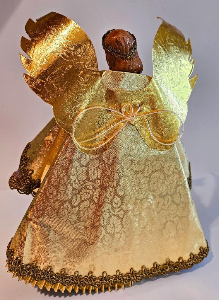 Vtg Nuremberg German 9" WAX ANGEL TREE TOPPER Holding Candle Gold Pink