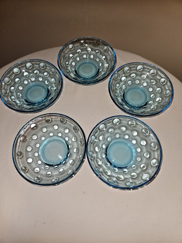 TEAL BLUE Glass INVERTED POKA DOT Optic Thumbprint Bowls - Set of 5
