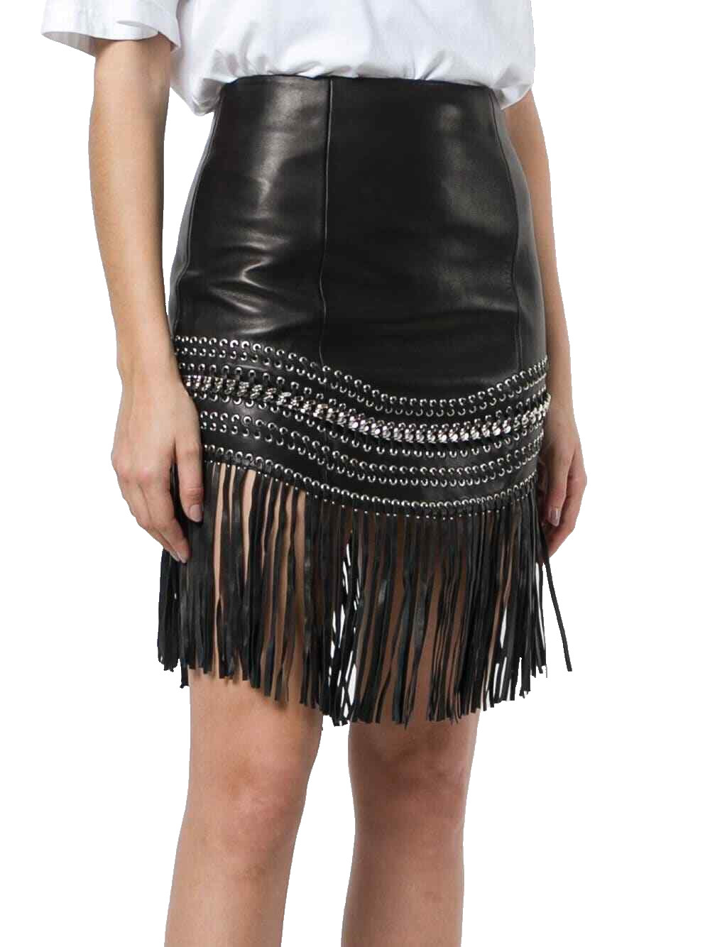 Balmain Paris Leather Fringed Mini Skirt With Studs Metal Chain