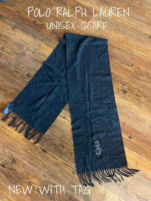 Polo Ralph Lauren Gray Wool Scarf With Bear Embroidery Unisex New With Tag