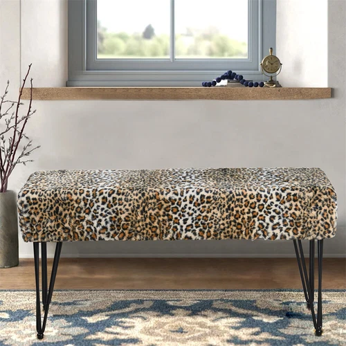 Modern Mink Footstool Vanity Bench Leopard Furry Faux Fur Stool with Black Legs image 18