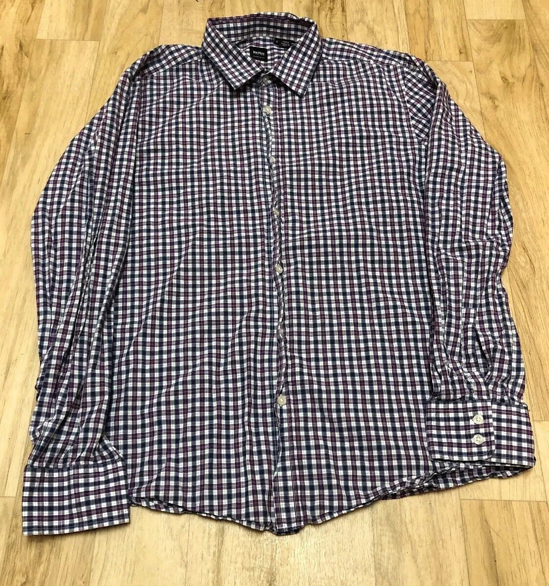Camisa de vestir Hugo Boss para hombre blanca p rpura azul a cuadros con botones XL calce regular