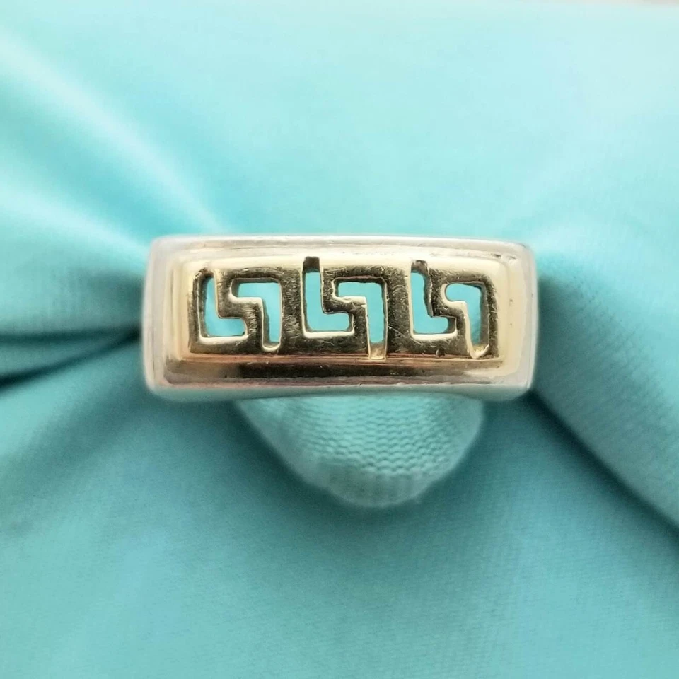 14K золото и серебро греческий ключ дизайн модное кольцо-925-Pinky-9/16'' голова-3 мм группы- - Изображение 3 из 4