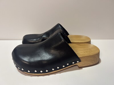 Zara Studded Mule Clog Black Faux Leather Wood Design Women's 6.5