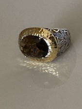 Vtg 12cts Faceted Smokey Quartz Hammered Gold Over Sterling Silver Ring S7 12.4g
