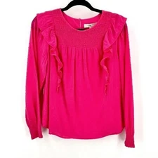 Loft Top Women's S Long Sleeve Swiss Dot Ruffles Smocked Preppy Pink Coquette