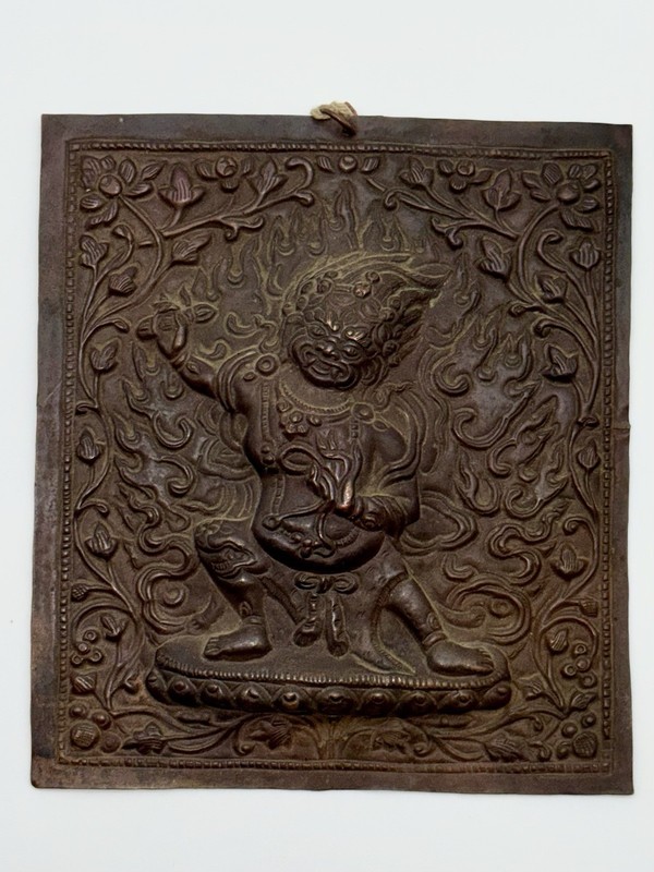 Antique Vajrapani Embossed Copper Plaque Wrathful Tibetan Buddhist Nepal
