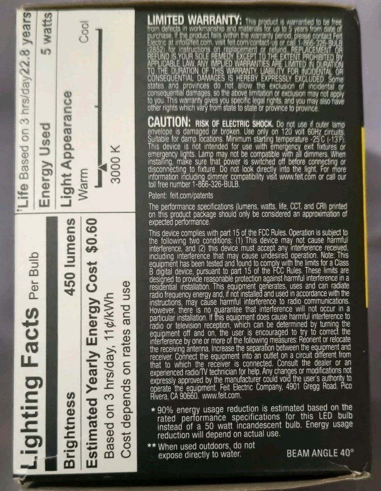 FEIT Enhance 5 W PAR20 LED Bulb 450 lumens 3000K NIB Bright White Floodlight  - Image 4 of 4