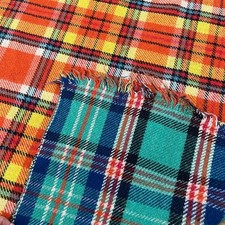 Vintage Green/Orange Tartan Reversible Wool Fringed Throw Blanket 61 x 67 in