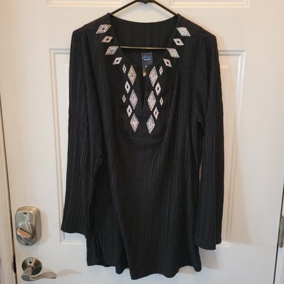 Catalina BoHo Embroidery Peasant Tunic Womens XL Black Ivory Johnny Was Style