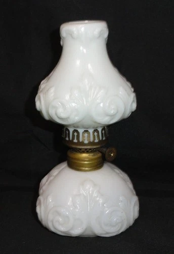 Mini Antique EAPG Oil Lamp ~ Milk Glass Embossed Leaf Scroll Design ~ Complete