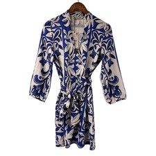 Zara Floral Long Sleeve Mini Dress Blue White Small Tie Belt Button Front V Neck