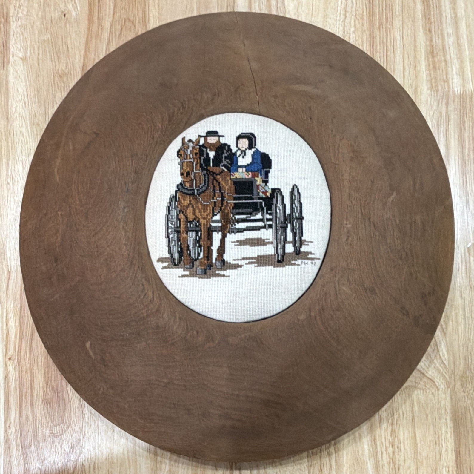 Framed Finished Cross Stitch Horse & Buggy Couple Round Wooden Wall Hanging