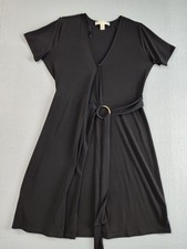 Michael Kors Dress Womens XS Black Belted Ring Waist Short Sleeve V Neck Knit