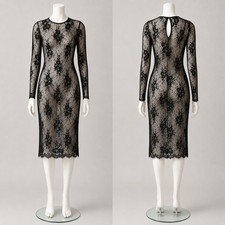 Black Lace Mesh Midi Dress XS Gothic Witchy Dark Romance Sheer Sleeve Vampire