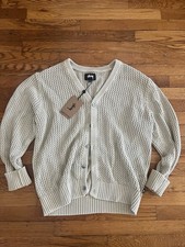 Stussy Loose Gauge Cardigan Sweater Natural Chunky Waffle Knit Cotton Size L