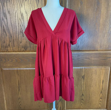 Womens Medium Size 6 Dress Red Short Sleeve Flowy Beach Deep V Tiered SHEIN