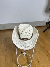 White Woven Straw Western Cowboy Hat Brown Braided Band with Chin Cord