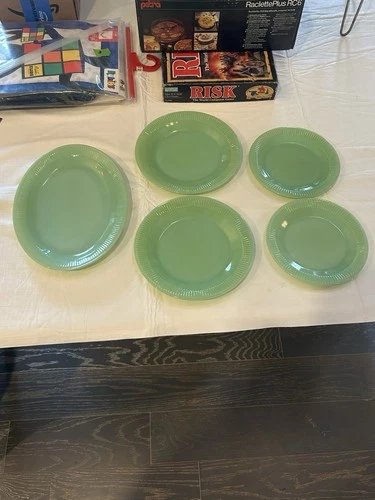 Vintage Fire-King Jadeite Set of 5 Ribbed Pattern Oval Dessert, Dinner Plates