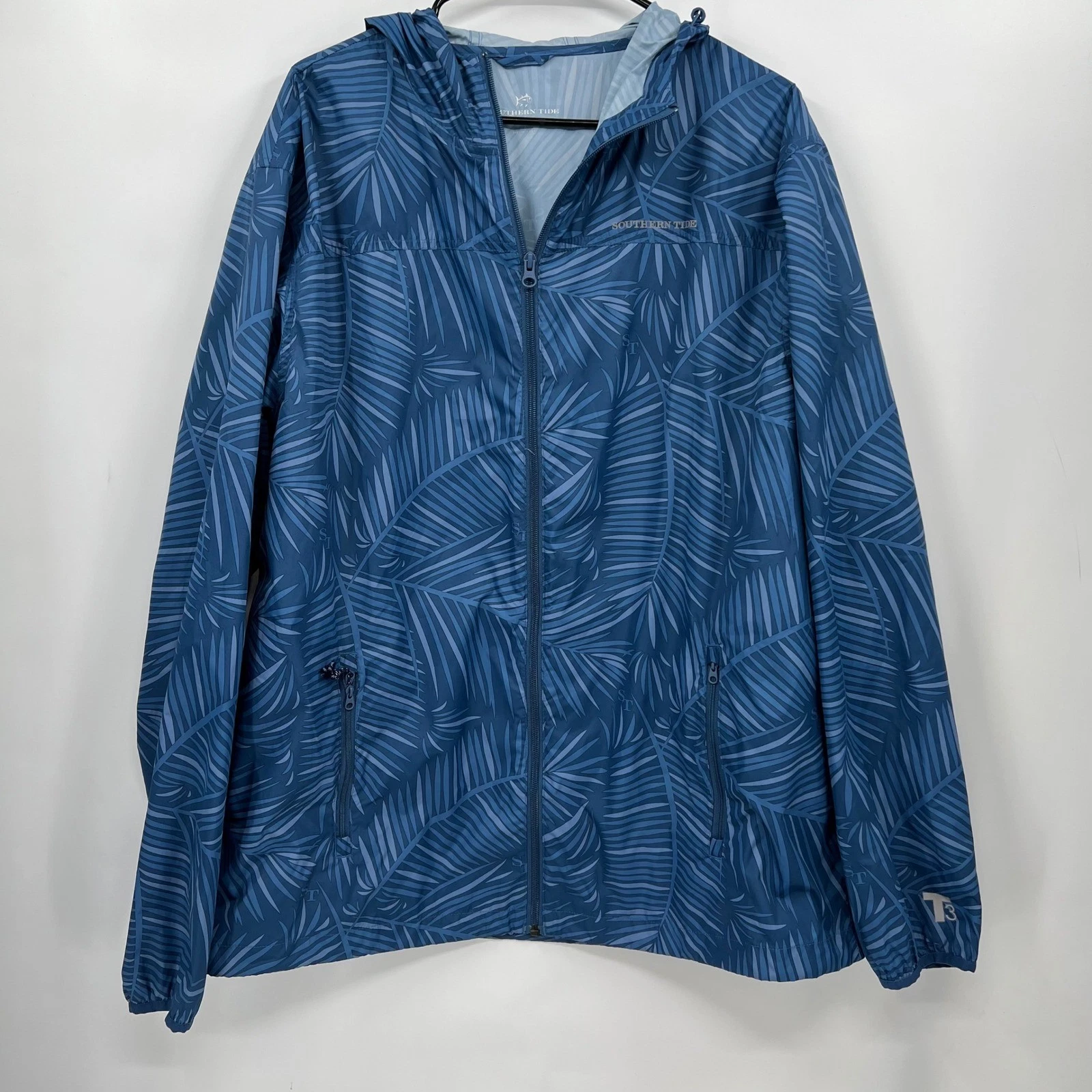 Southern Tide Palm Leaf Print Hooded Lightweight Windbreaker Jacket XL Blue