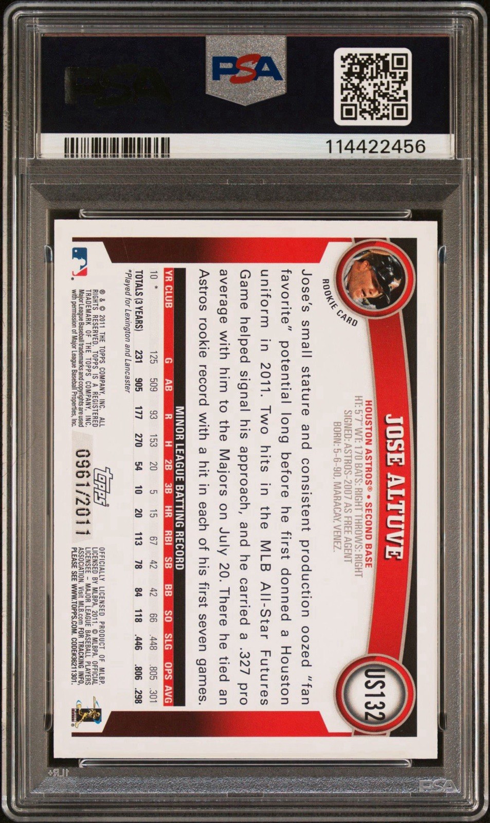 2011 Topps Update Jose Altuve Gold Rookie Auto • #US132 • /2011 • PSA 8 | PSA 10 view 2