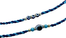Evil Eye Rakhi Set, Single & Triple Eye Turquoise & Golden Pearls Raksha Bandhan