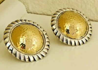 Gaston Lebo 18K Yellow Gold Dome & 925 Sterling Italy Pierced Omega Earrings