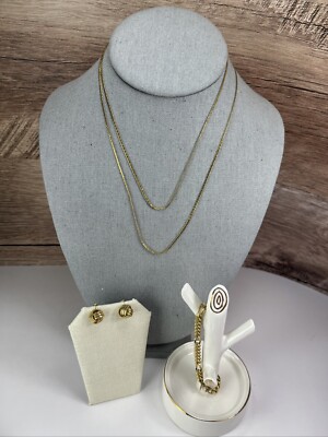 3 pc Vintage Monet Signed Necklace Gold Tone 34'', bracelet & post earrings