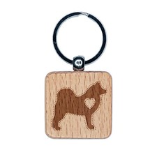 Alaskan Malamute Dog with Heart Engraved Wood Square Keychain Tag Charm