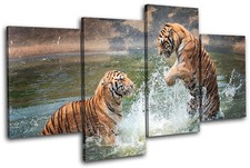 Tigers Playing Animals MULTI CANVAS WALL ART Picture Print VA
