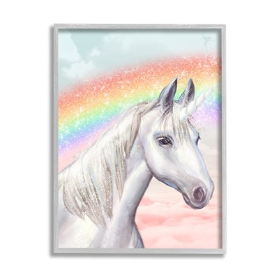 White Unicorn Under Sparkle Rainbow Cloudy Sky, Designed by Ziwei Li Gray Fra...