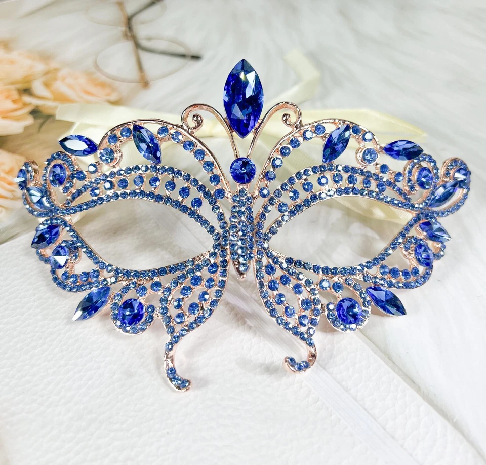 Butterfly Blue Masquerade Mask, Wedding Party Rose Gold Eye Mask, Venetian Mask - Image 4 of 4