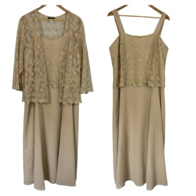Sally USA Mother of the Bride Dress + Jacket Sz 4X Gold Lace Sparkle Formal EUC